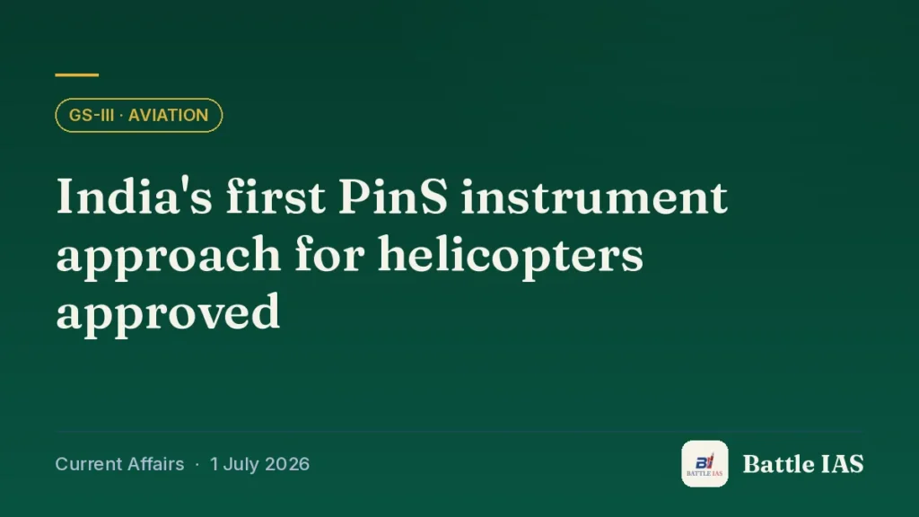Battle IAS current affairs title card: India's first PinS instrument approach for helicopters approved (GS3 · Aviation, 1 July 2026)