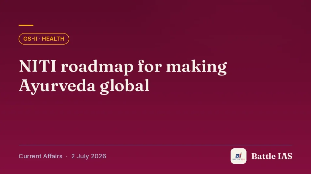 Battle IAS current affairs title card: NITI roadmap for making Ayurveda global (GS2 · Health, 2 July 2026)