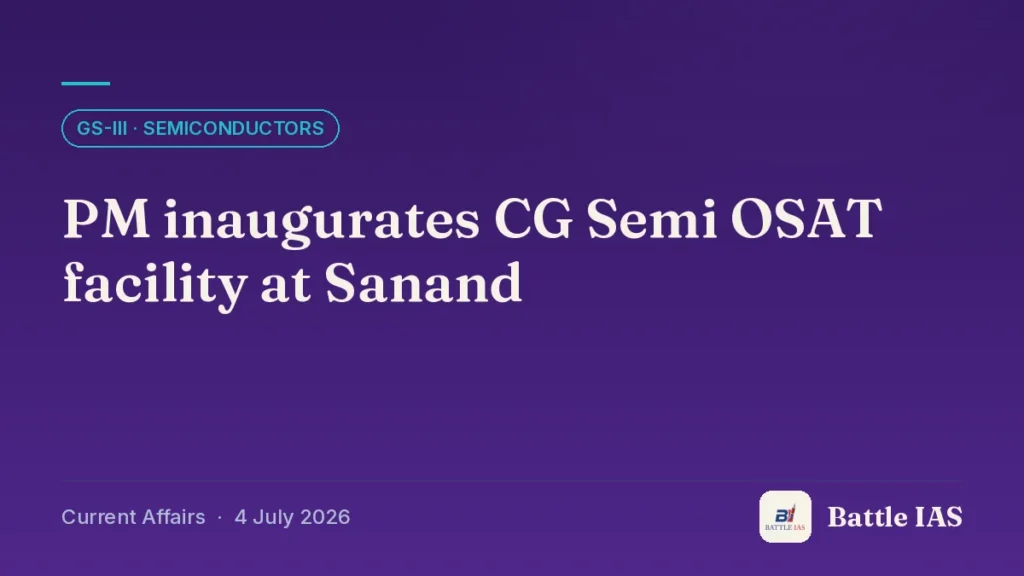 Battle IAS current affairs title card: PM inaugurates CG Semi OSAT facility at Sanand (GS3 · Semiconductors, 4 July 2026)