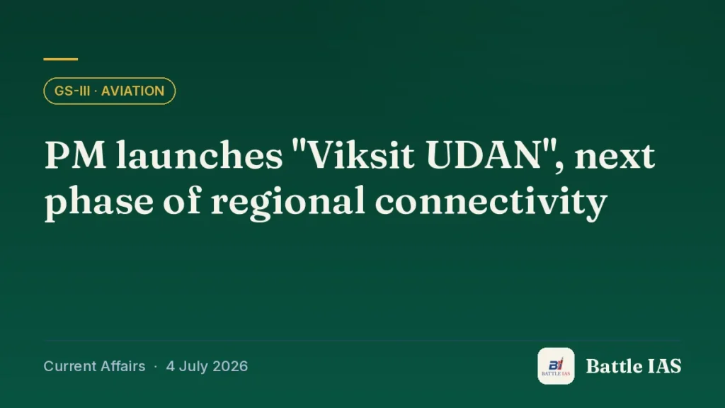 Battle IAS current affairs title card: PM launches "Viksit UDAN", next phase of regional connectivity (GS3 · Aviation, 4 July 2026)