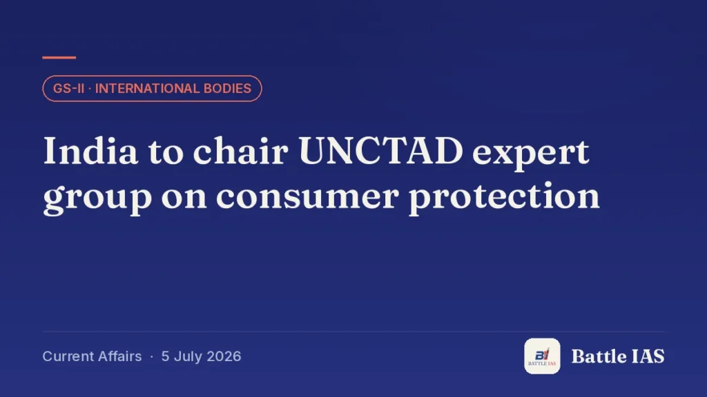 Battle IAS current affairs title card: India to chair UNCTAD expert group on consumer protection (GS2 · International bodies, 5 July 2026)