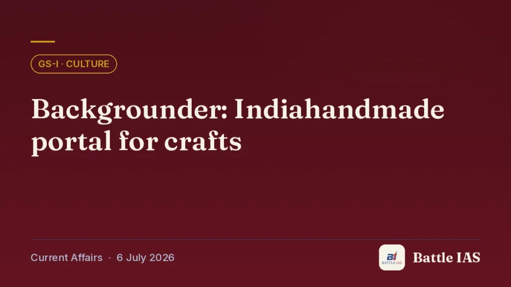 Battle IAS current affairs title card: Backgrounder: Indiahandmade portal for crafts (GS1 · Culture, 6 July 2026)