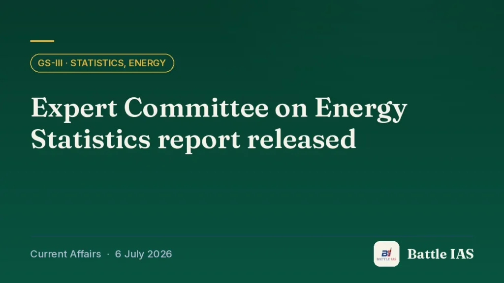 Battle IAS current affairs title card: Expert Committee on Energy Statistics report released (GS3 · Statistics, energy, 6 July 2026)