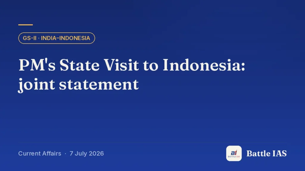 Battle IAS current affairs title card: PM's State Visit to Indonesia: joint statement (GS2 · India–Indonesia, 7 July 2026)