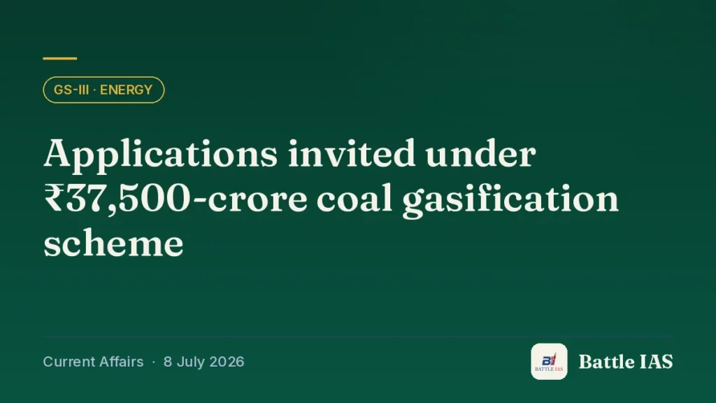 Battle IAS current affairs title card: Applications invited under ₹37,500-crore coal gasification scheme (GS3 · Energy, 8 July 2026)
