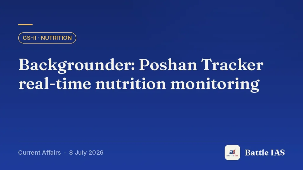 Battle IAS current affairs title card: Backgrounder: Poshan Tracker real-time nutrition monitoring (GS2 · Nutrition, 8 July 2026)