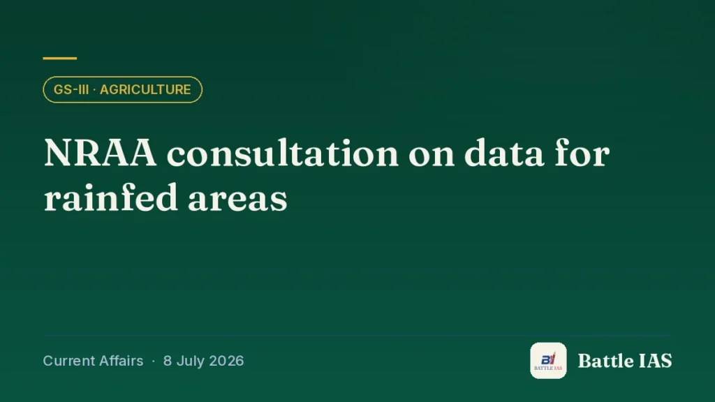 Battle IAS current affairs title card: NRAA consultation on data for rainfed areas (GS3 · Agriculture, 8 July 2026)