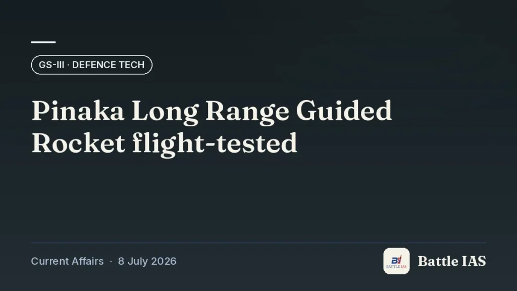 Battle IAS current affairs title card: Pinaka Long Range Guided Rocket flight-tested (GS3 · Defence tech, 8 July 2026)