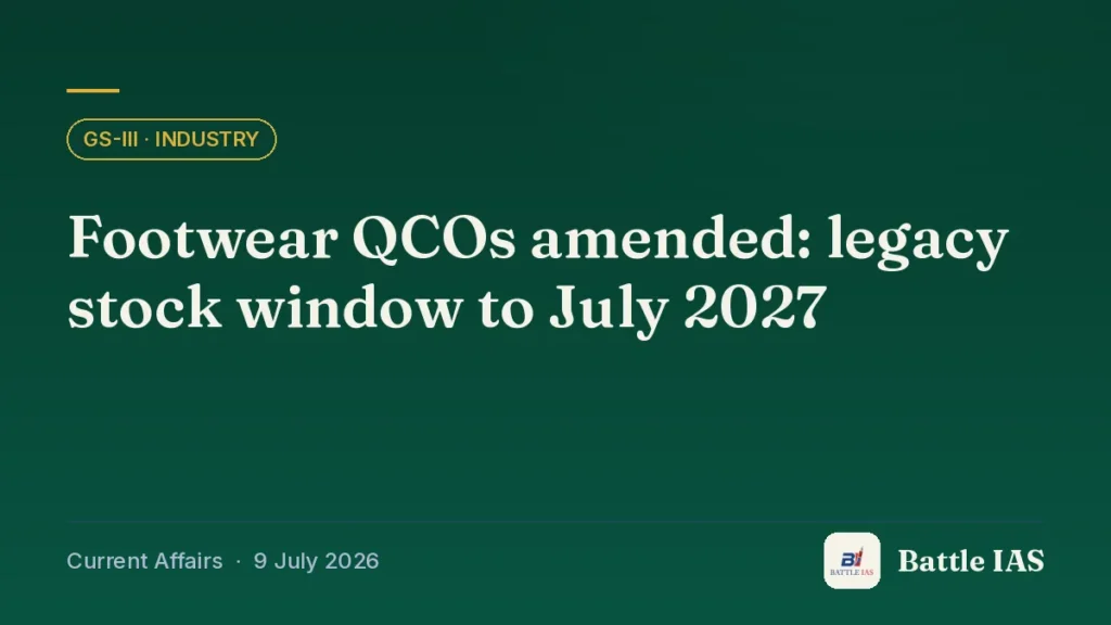 Battle IAS current affairs title card: Footwear QCOs amended: legacy stock window to July 2027 (GS3 · Industry, 9 July 2026)