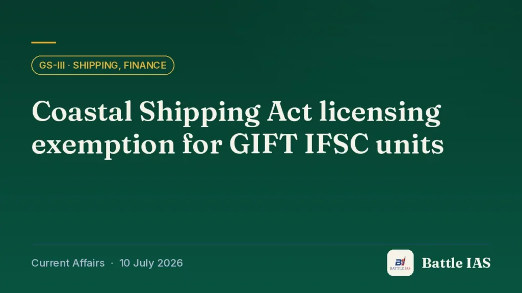 Battle IAS current affairs title card: Coastal Shipping Act licensing exemption for GIFT IFSC units (GS3 · Shipping, finance, 10 July 2026)