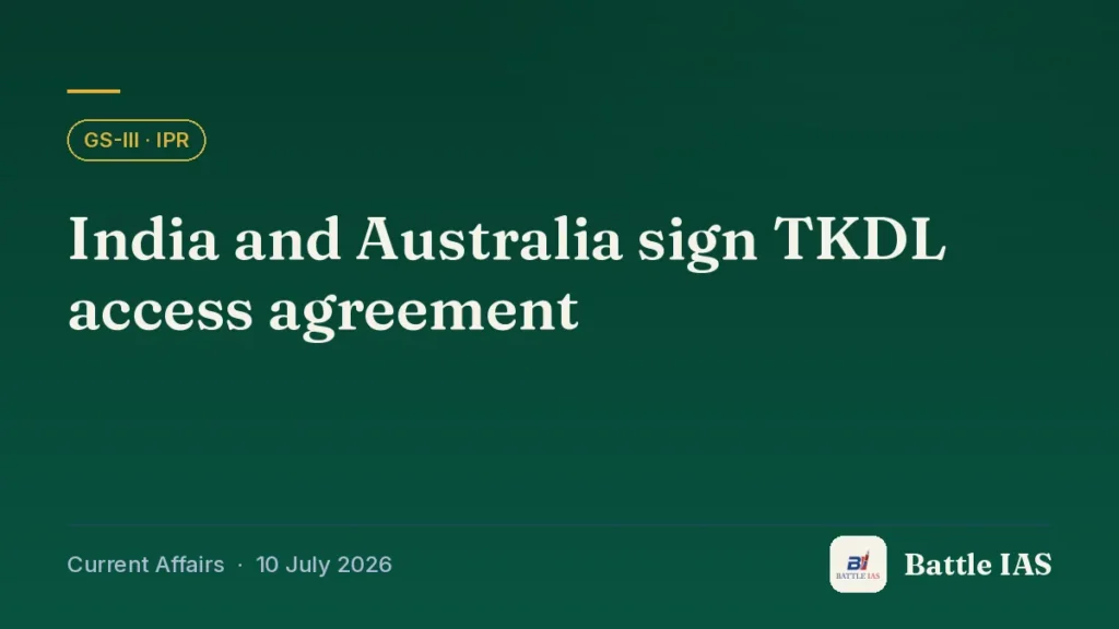 Battle IAS current affairs title card: India and Australia sign TKDL access agreement (GS3 · IPR, 10 July 2026)