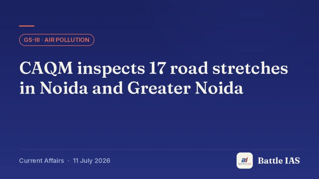 Battle IAS current affairs title card: CAQM inspects 17 road stretches in Noida and Greater Noida (GS3 · Air pollution, 11 July 2026)