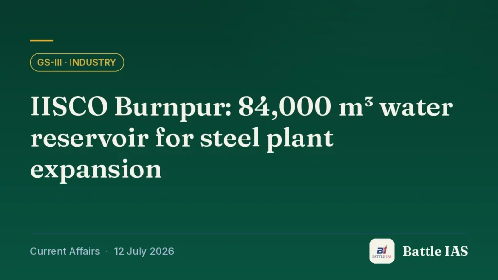 Battle IAS current affairs title card: IISCO Burnpur: 84,000 m³ water reservoir for steel plant expansion (GS3 · Industry, 12 July 2026)