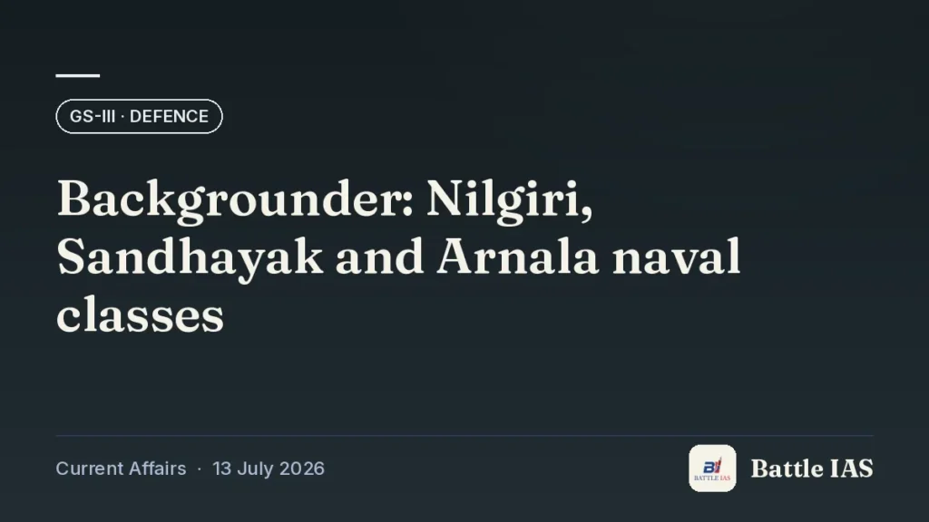 Battle IAS current affairs title card: Backgrounder: Nilgiri, Sandhayak and Arnala naval classes (GS3 · Defence, 13 July 2026)