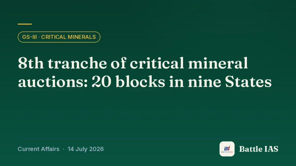 Battle IAS current affairs title card: 8th tranche of critical mineral auctions: 20 blocks in nine States (GS3 · Critical minerals, 14 July 2026)
