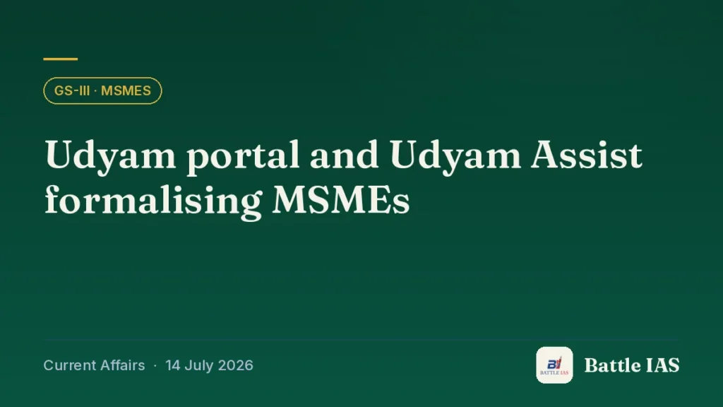 Battle IAS current affairs title card: Udyam portal and Udyam Assist formalising MSMEs (GS3 · MSMEs, 14 July 2026)