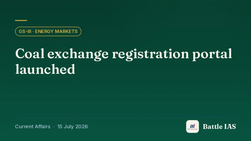 Battle IAS current affairs title card: Coal exchange registration portal launched (GS3 · Energy markets, 15 July 2026)