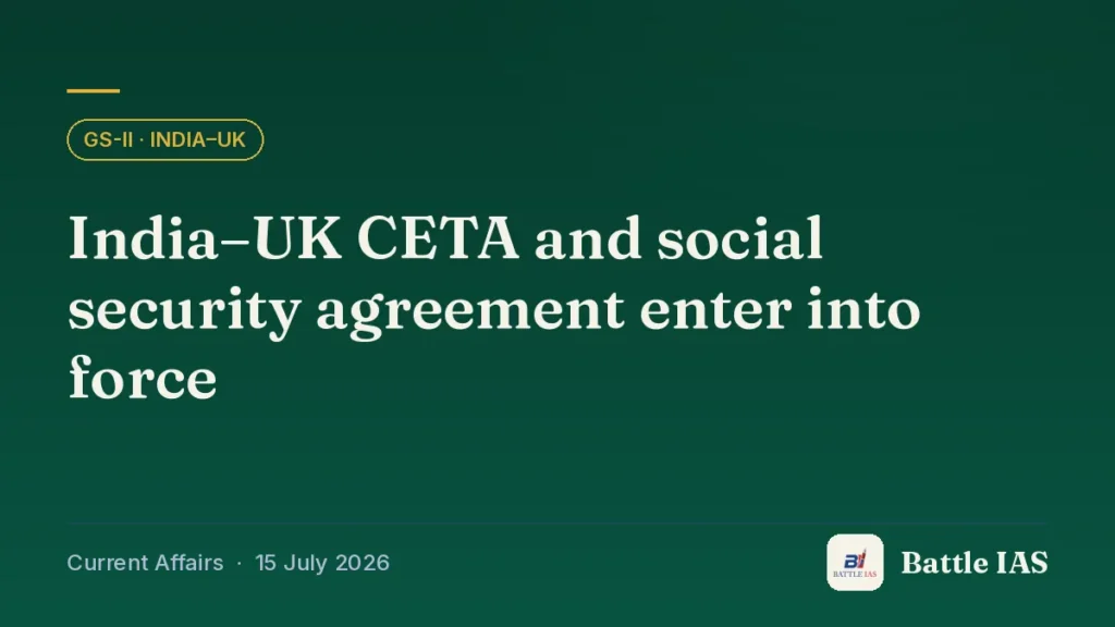 Battle IAS current affairs title card: India–UK CETA and social security agreement enter into force (GS2 · India–UK, 15 July 2026)