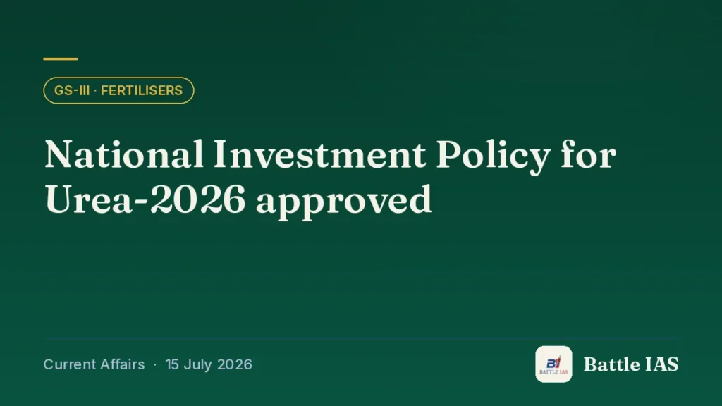 Battle IAS current affairs title card: National Investment Policy for Urea-2026 approved (GS3 · Fertilisers, 15 July 2026)