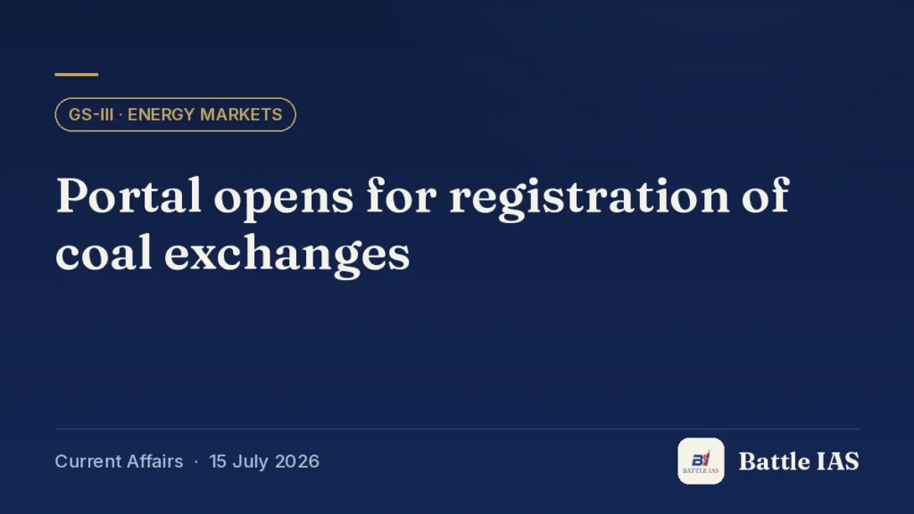 Battle IAS current affairs title card: Portal opens for registration of coal exchanges (GS3 · Energy markets, 15 July 2026)