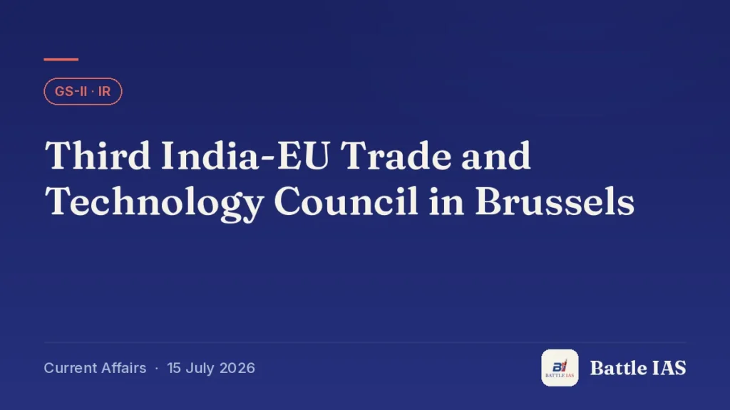 Battle IAS current affairs title card: Third India-EU Trade and Technology Council in Brussels (GS2 · IR, 15 July 2026)