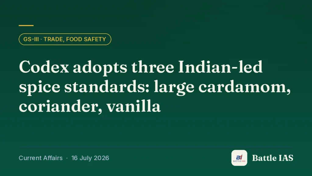 Battle IAS current affairs title card: Codex adopts three Indian-led spice standards: large cardamom, coriander, vanilla (GS3 · Trade, food safety, 16 July 2026)
