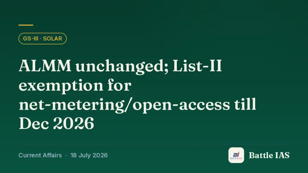 Battle IAS current affairs title card: ALMM unchanged; List-II exemption for net-metering/open-access till Dec 2026 (GS3 · Solar, 18 July 2026)