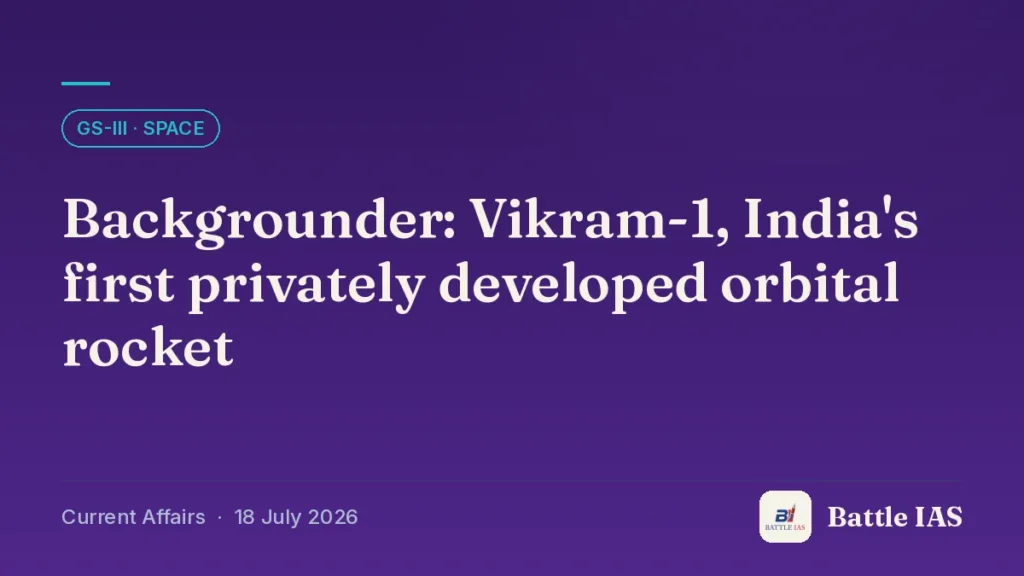 Battle IAS current affairs title card: Backgrounder: Vikram-1, India's first privately developed orbital rocket (GS3 · Space, 18 July 2026)