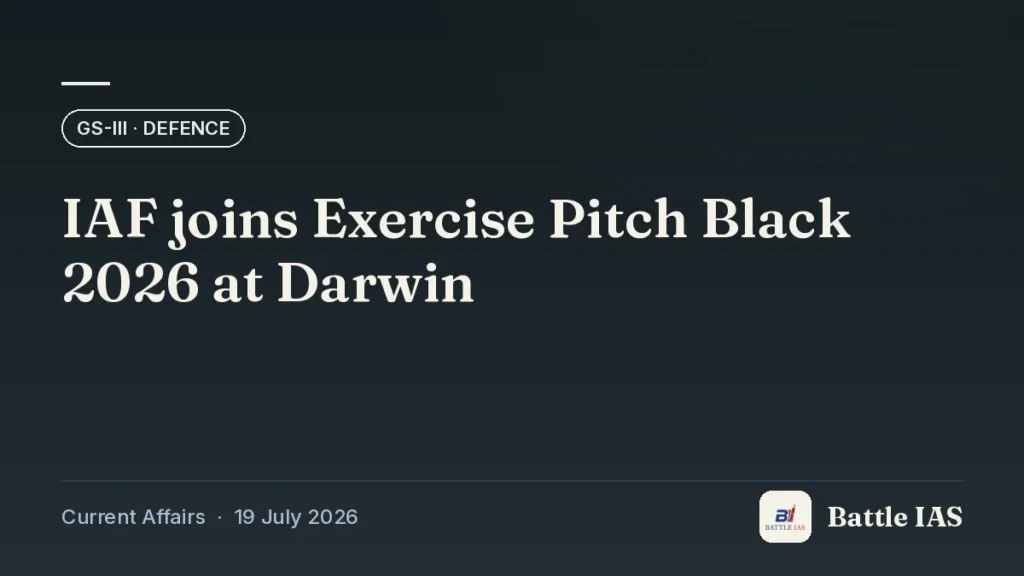 Battle IAS current affairs title card: IAF joins Exercise Pitch Black 2026 at Darwin (GS3 · Defence, 19 July 2026)