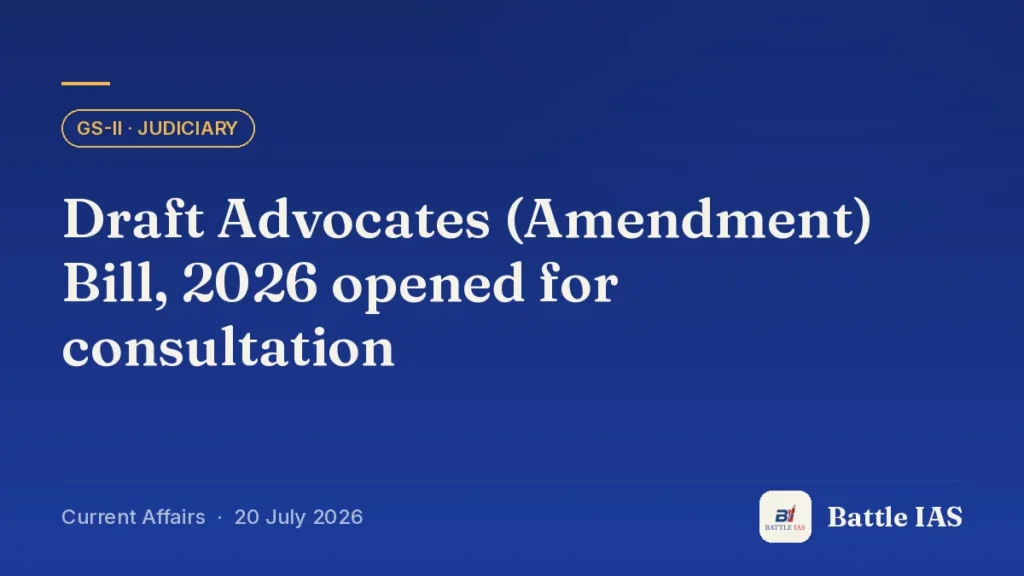 Battle IAS current affairs title card: Draft Advocates (Amendment) Bill, 2026 opened for consultation (GS2 · Judiciary, 20 July 2026)