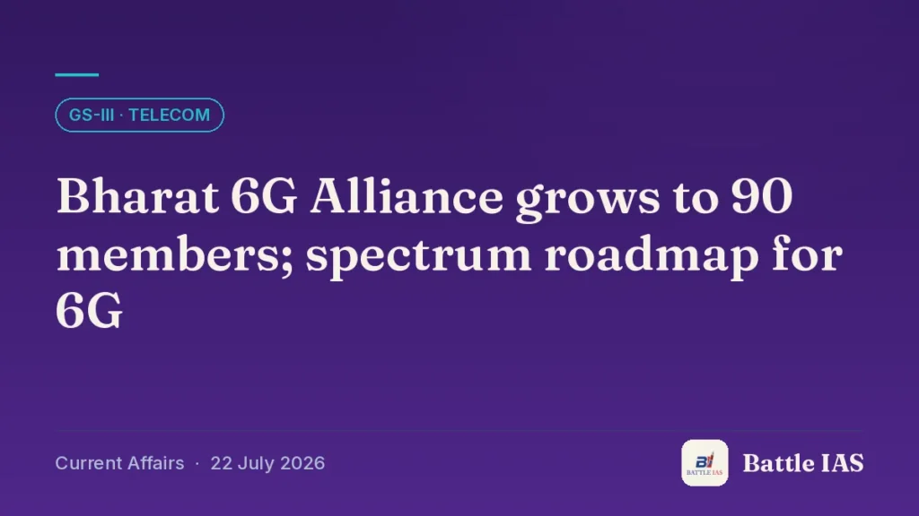 Battle IAS current affairs title card: Bharat 6G Alliance grows to 90 members; spectrum roadmap for 6G (GS3 · Telecom, 22 July 2026)