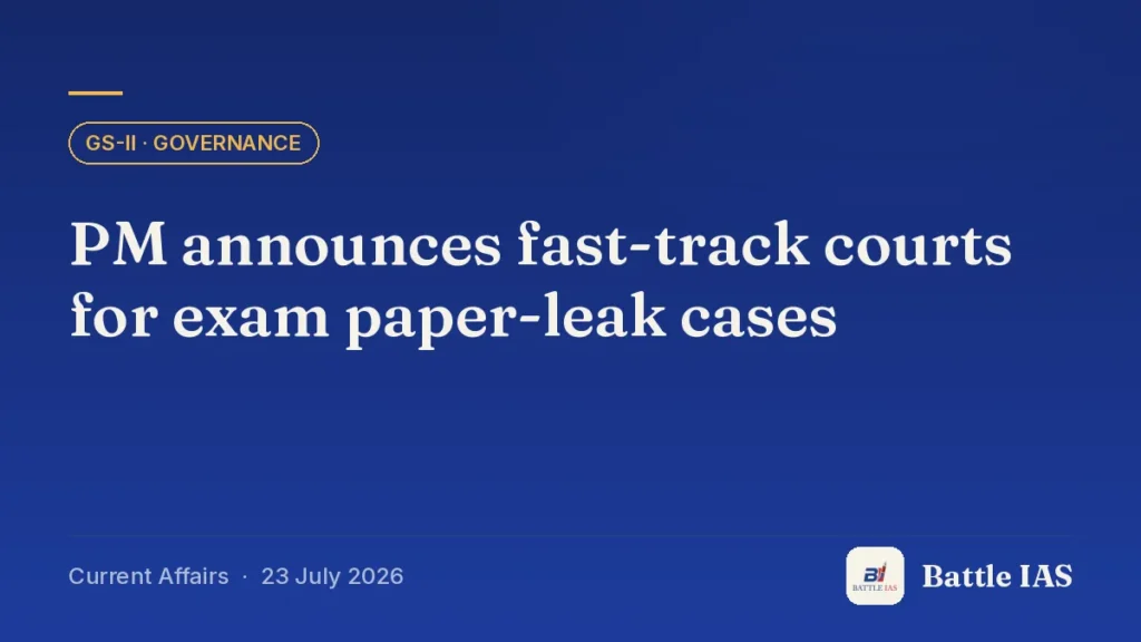 Battle IAS current affairs title card: PM announces fast-track courts for exam paper-leak cases (GS2 · Governance, 23 July 2026)