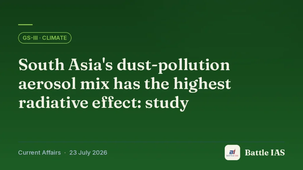 Battle IAS current affairs title card: South Asia's dust-pollution aerosol mix has the highest radiative effect: study (GS3 · Climate, 23 July 2026)