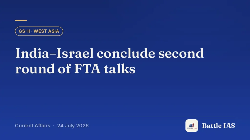 Battle IAS current affairs title card: India–Israel conclude second round of FTA talks (GS2 · West Asia, 24 July 2026)