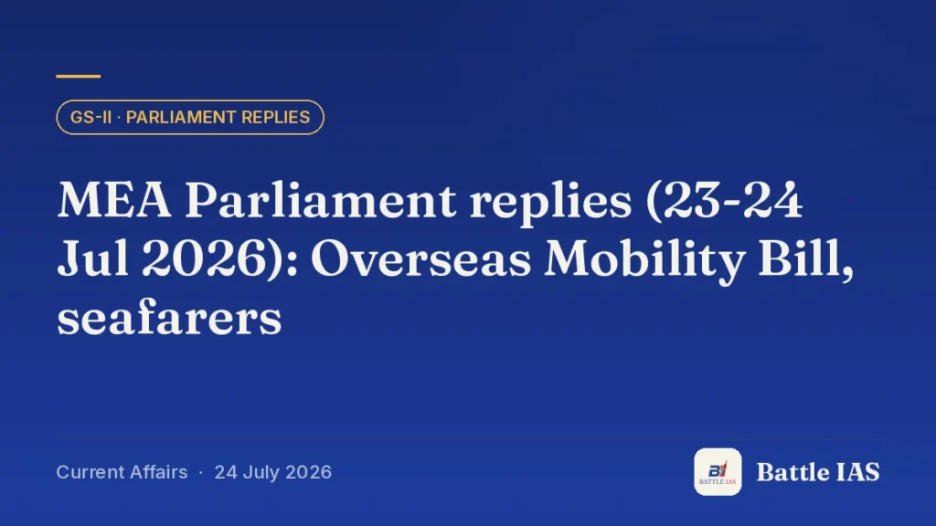 Battle IAS current affairs title card: MEA Parliament replies (23-24 Jul 2026): Overseas Mobility Bill, seafarers (GS2 · Parliament replies, 24 July 2026)