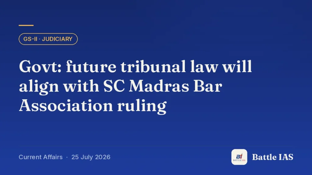 Battle IAS current affairs title card: Govt: future tribunal law will align with SC Madras Bar Association ruling (GS2 · Judiciary, 25 July 2026)