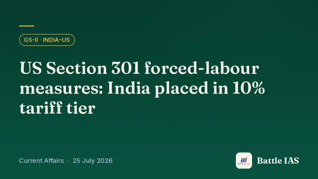 Battle IAS current affairs title card: US Section 301 forced-labour measures: India placed in 10% tariff tier (GS2 · India–US, 25 July 2026)