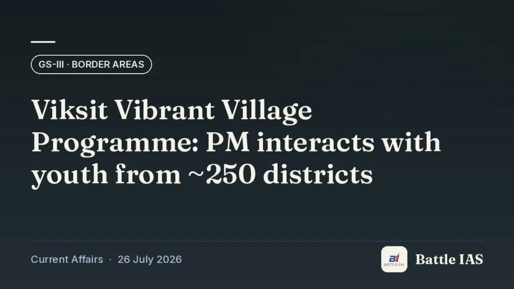 Battle IAS current affairs title card: Viksit Vibrant Village Programme: PM interacts with youth from ~250 districts (GS3 · Border areas, 26 July 2026)
