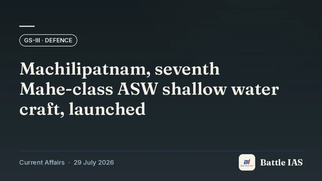 Battle IAS current affairs title card: Machilipatnam, seventh Mahe-class ASW shallow water craft, launched (GS3 · Defence, 29 July 2026)
