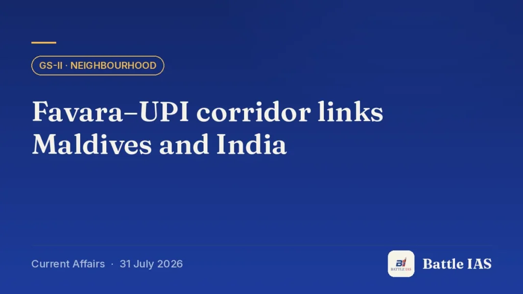 Battle IAS current affairs title card: Favara–UPI corridor links Maldives and India (GS2 · Neighbourhood, 31 July 2026)