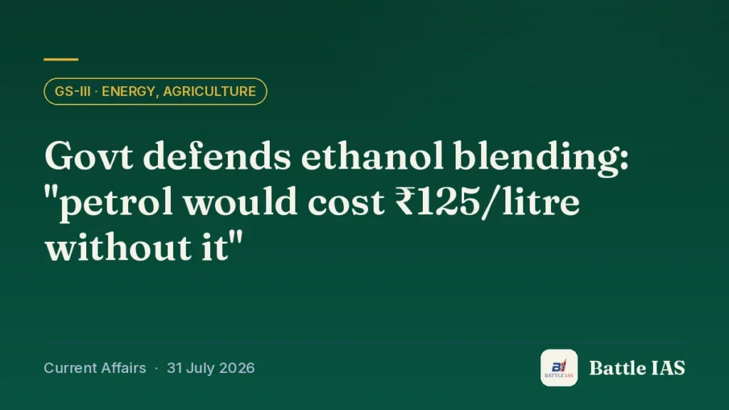 Battle IAS current affairs title card: Govt defends ethanol blending: "petrol would cost ₹125/litre without it" (GS3 · Energy, agriculture, 31 July 2026)