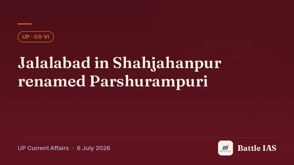 Battle IAS UP current affairs title card: Jalalabad in Shahjahanpur renamed Parshurampuri (, 6 July 2026)