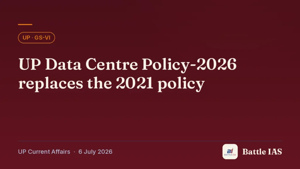 Battle IAS UP current affairs title card: UP Data Centre Policy-2026 replaces the 2021 policy (, 6 July 2026)