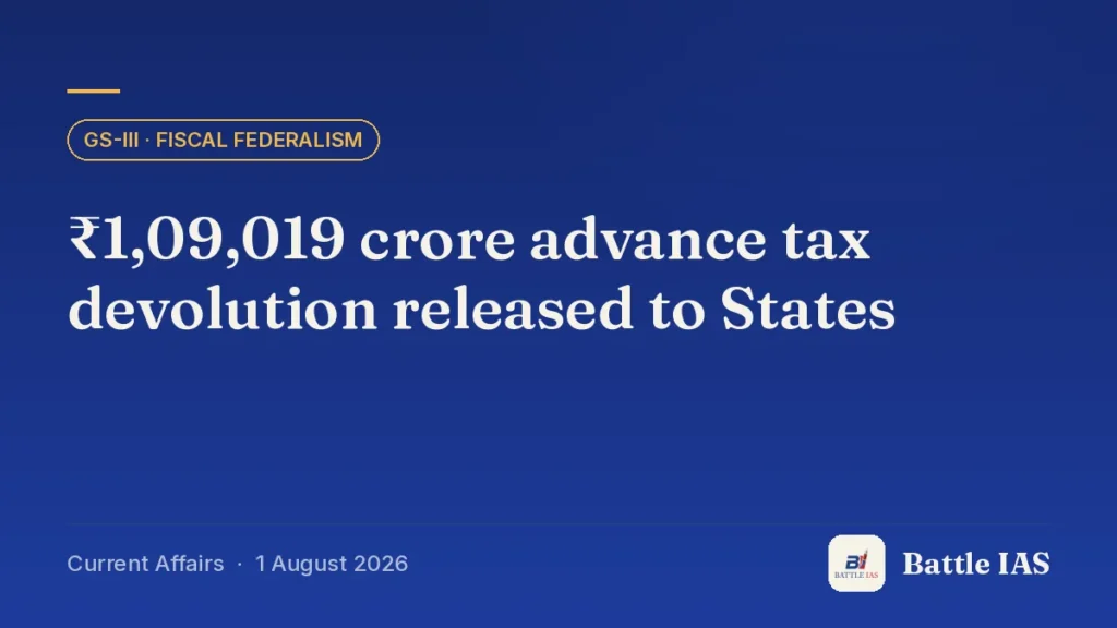 Battle IAS current affairs title card: ₹1,09,019 crore advance tax devolution released to States (GS3 · Fiscal federalism, 1 August 2026)
