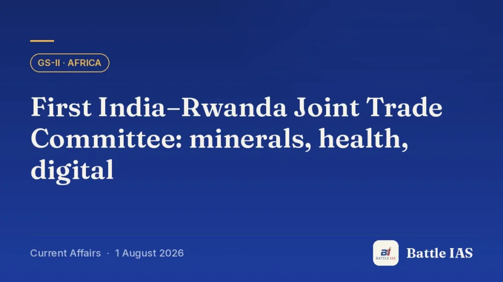 Battle IAS current affairs title card: First India–Rwanda Joint Trade Committee: minerals, health, digital (GS2 · Africa, 1 August 2026)