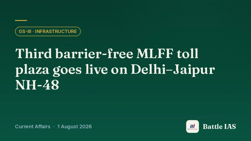 Battle IAS current affairs title card: Third barrier-free MLFF toll plaza goes live on Delhi–Jaipur NH-48 (GS3 · Infrastructure, 1 August 2026)