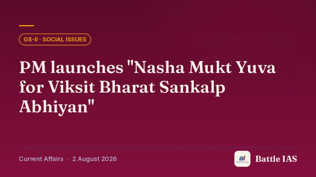 Battle IAS current affairs title card: PM launches "Nasha Mukt Yuva for Viksit Bharat Sankalp Abhiyan" (GS2 · Social issues, 2 August 2026)