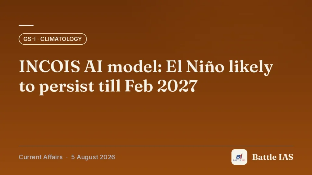 Battle IAS current affairs title card: INCOIS AI model: El Niño likely to persist till Feb 2027 (GS1 · Climatology, 5 August 2026)
