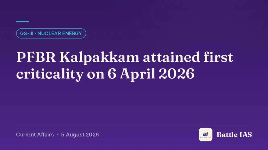 Battle IAS current affairs title card: PFBR Kalpakkam attained first criticality on 6 April 2026 (GS3 · Nuclear energy, 5 August 2026)