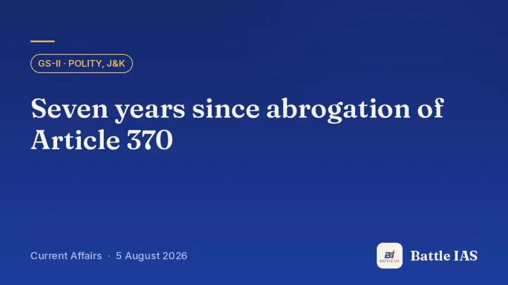 Battle IAS current affairs title card: Seven years since abrogation of Article 370 (GS2 · Polity, J&K, 5 August 2026)